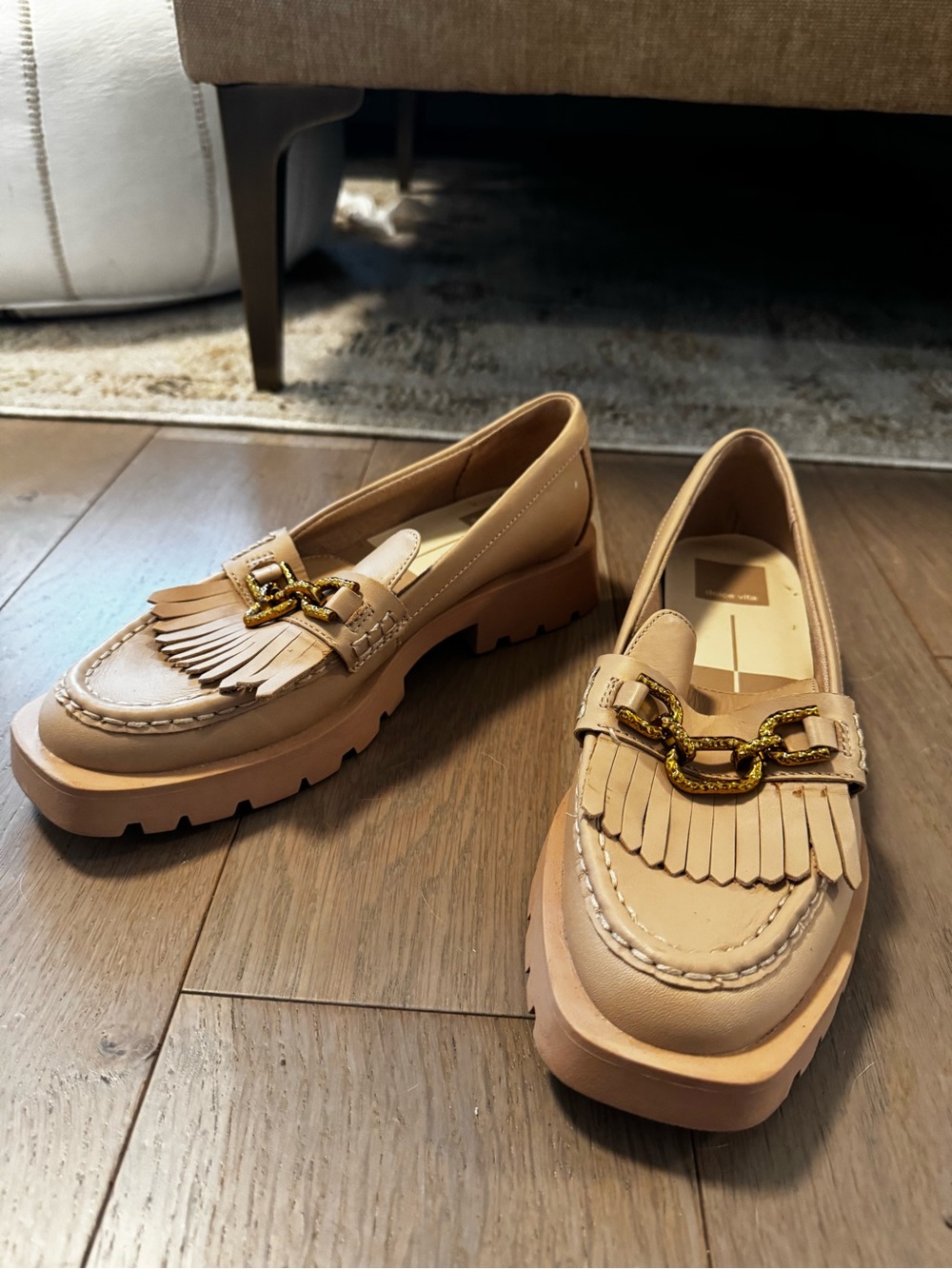 Dolce Vita Tan Fringe Loafers with Gold Chain